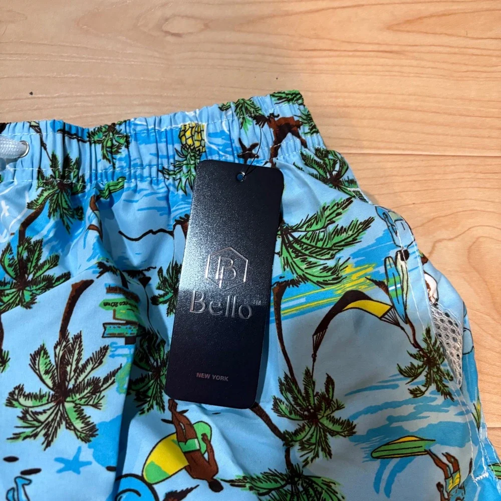 Bello‎  Mens Swim Trunks XL Blue Tropical Aloha Palm Tree Surfing Shorts